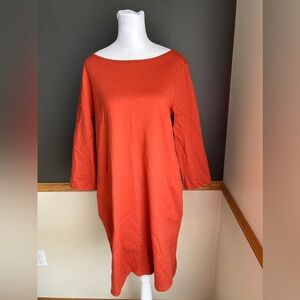 Garnet Hill Bateau Dress 3/4 Sleeve Knit Orange Pockets Cotton Size 8